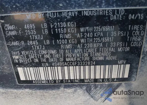 2015 Subaru Outback 2.5I Premium z USA, uszkodzony, nr VIN 4S4BSACC6F3332834